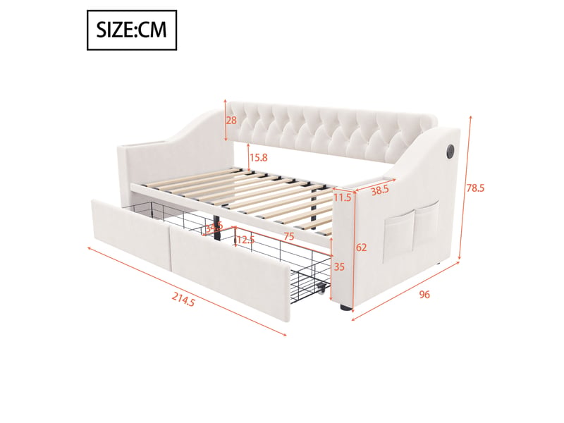  Lit canapé velours beige 90x190 cm avec accoudoirs usb, rangements et tiroir  - Conforama C