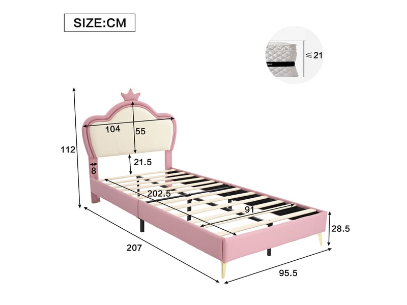  Lit enfant 90 x 200 cm avec tête de lit couronne, pu rose et blanc, 12 lattes en bois  - Conforama C