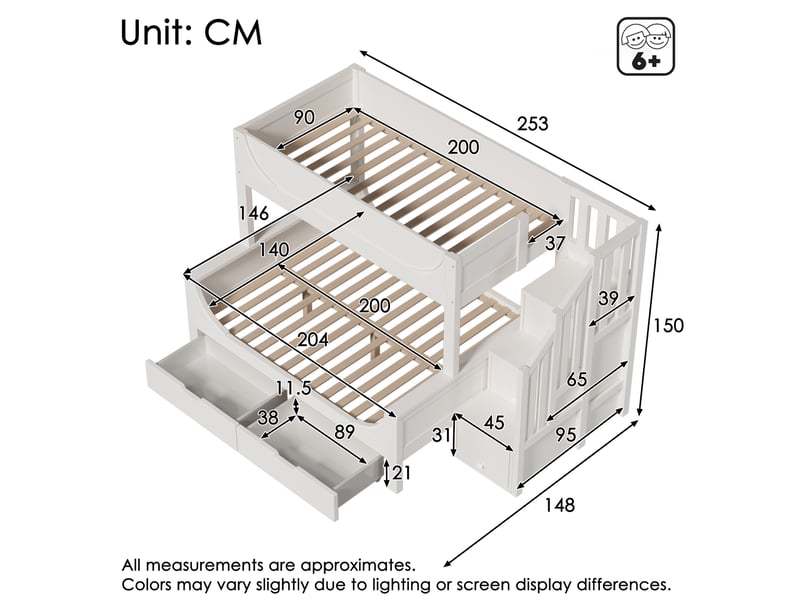  Lit superposé enfant 90 x 200 et 140 x 200 cm avec escalier de rangement, blanc  - Conforama C