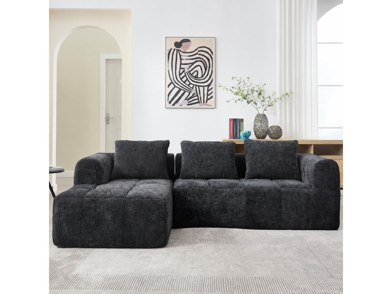  Canapé d’angle noir 3 places avec méridienne modulable en chenille, 250 x 158 cm  - Conforama C
