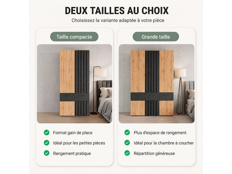  Armoire 3 portes avec miroir et éclairage led, 135x47x200 cm, 4 tiroirs, chêne  - Conforama R