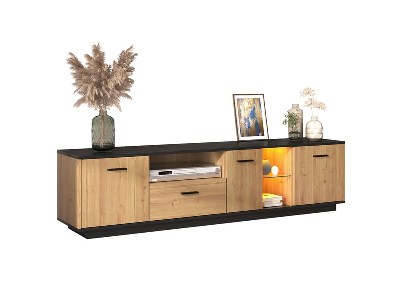  Meuble tv 180x37x45 cm avec 3 portes, 1 tiroir, 2 compartiments vitrés et 16 led multicolores, mdf, finition noir et bois  - Conforama A