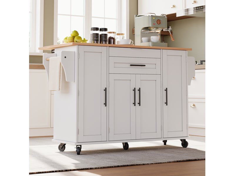  Desserte de cuisine mobile 136x70x92 cm, plateau extensible, blanc et naturel  - Conforama E