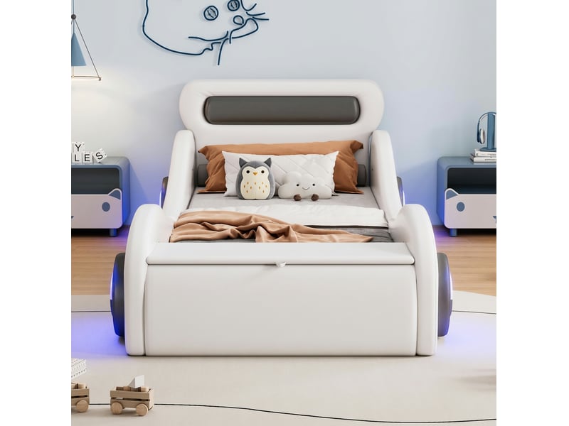  Lit enfant 90 × 200 cm en forme de voiture avec roues led réglables, rangement, sans matelas, en pu et mdf, blanc  - Conforama C