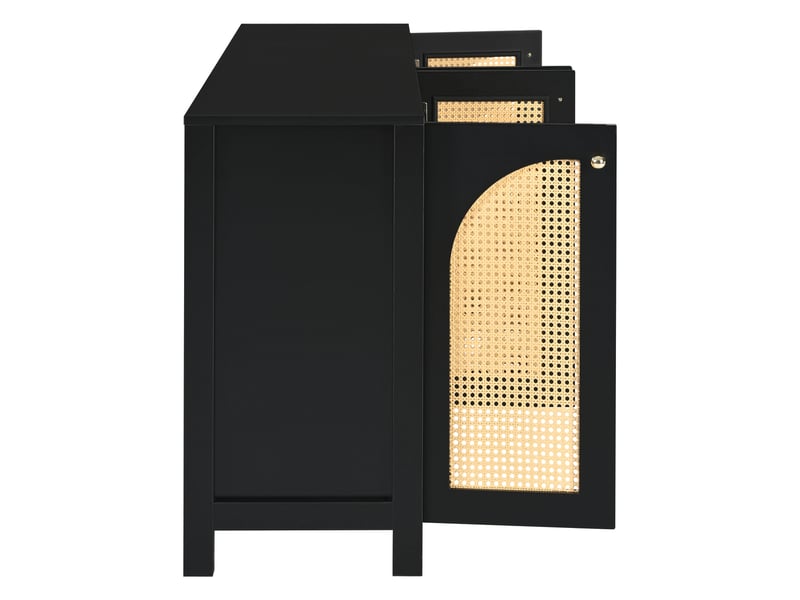  Buffet moderne noir avec 4 portes en rotin synthétique, meuble de rangement pour salle à manger et salon, 145 cm  - Conforama R