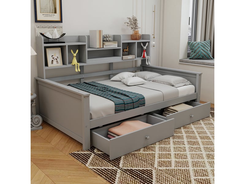  Lit banquette 90 × 200 cm 1 place avec 2 tiroirs de rangement et étagères latérales, sans matelas, gris  - Conforama C