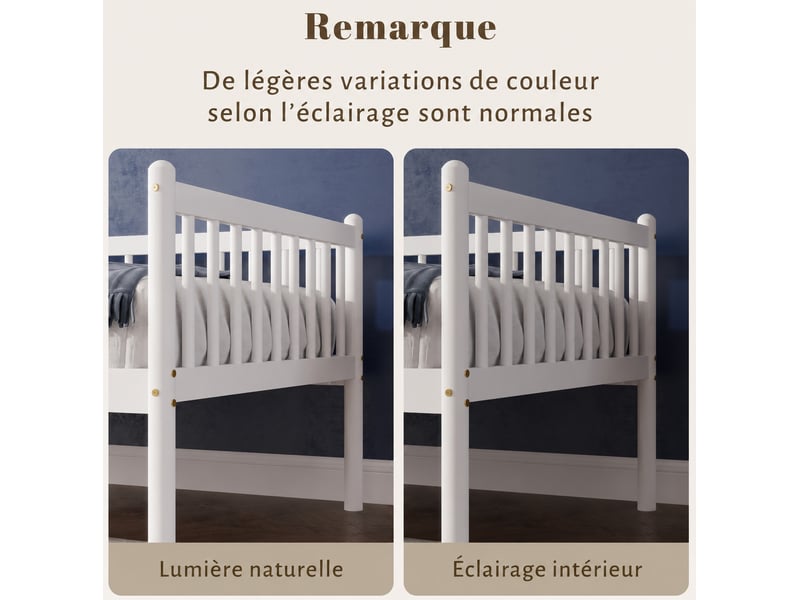  Lit de repos 90 x 200 cm en pin avec barrières 3 côtés, 14 lattes, finition naturelle  - Conforama E
