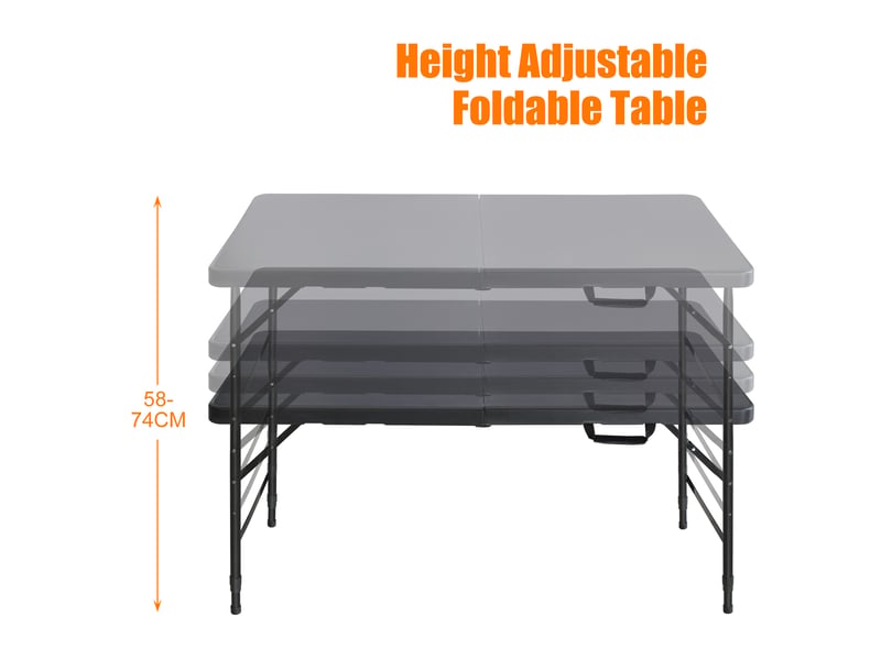 Table de jardin pliante 125 x 61 cm noire, plastique et acier, hauteur réglable 58 à 74 cm avec poignée - Conforama E