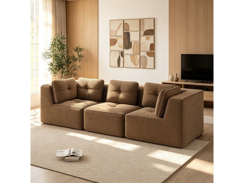  Canapé modulable 3 places sans structure rigide, assise profonde et installation immédiate, 69 × 297 × 104 cm, marron  - Conforama D