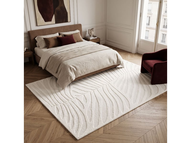  Tapis doux moderne motif feuilles en relief blanc 160x230  - Conforama E