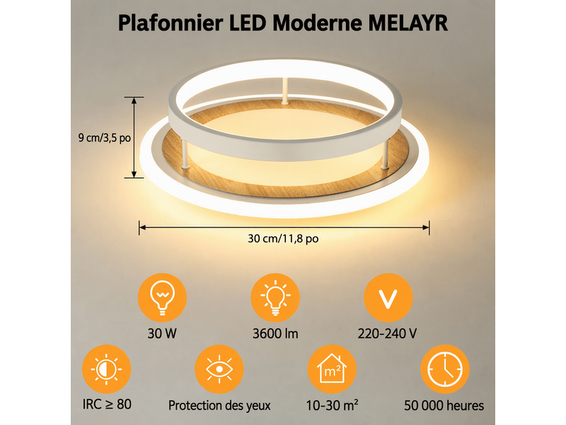 Plafonnier led rond moderne, d30 x h9 cm, lampe de plafond 30 w 2494 lm, blanc sable et bois, 3000 k blanc chaud, salon, chambre, cuisine - Conforama C
