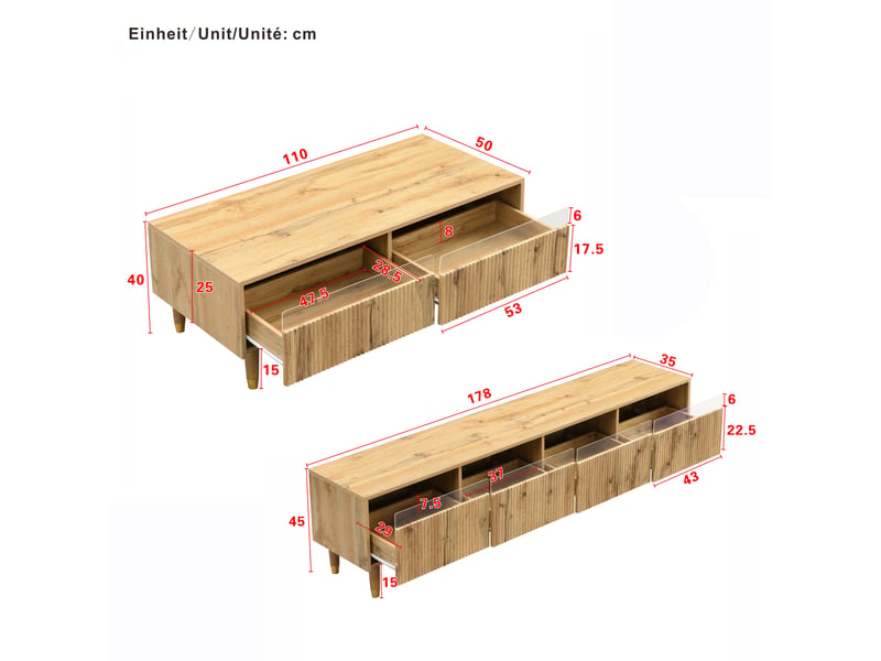 Ensemble Meuble TV Et Table Basse Moderne, 4 Portes, 2 Tiroirs, LED Et Détails Acryliques - Bois  - Conforama E