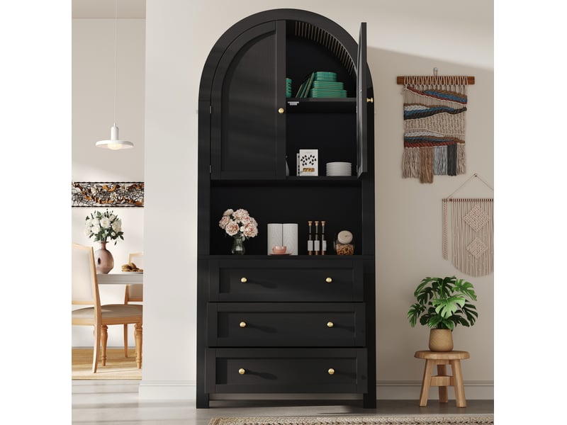  Armoire de rangement haute 70x35x180 cm, espace ouvert, 3 tiroirs et portes, poignées métal, pour chambre, mdf noir  - Conforama D