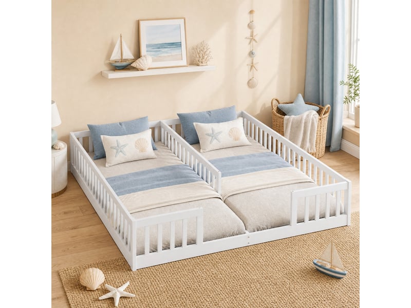  Lit avec barrière 2 places, structure au sol, 90×200 cm et 90×200 cm, sans matelas, en pin et mdf, blanc  - Conforama C
