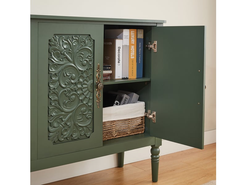 Buffet 160x40x89 cm vert, panneau de particules, mdf et métal, grand rangement pour salle à manger  - Conforama E