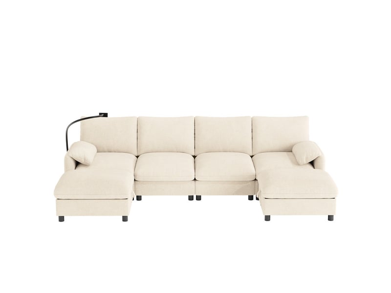  Canapé d'angle modulaire,6 places,avec deux poufs de rangement, port de charge usbtype-c,273,5 x 133 x 81 cm,beige  - Conforama A