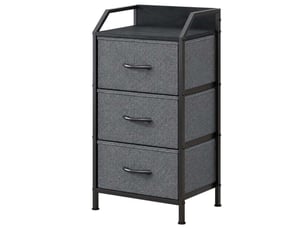 Table de chevet 40x30x78 cm trois tiroirs tissu gris fonce et metal noir