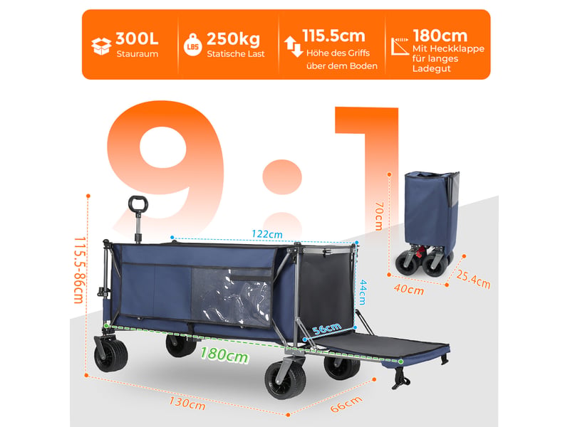  Chariot de jardin pliable 131x66x115,5 cm bleu en acier, roues tout-terrain, hayon extensible 180 cm  - Conforama C