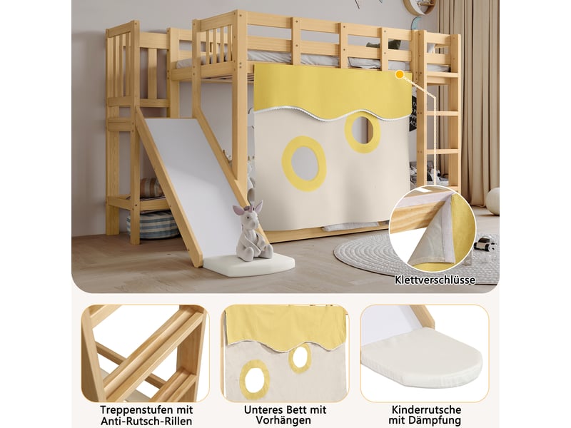  Lit superposé enfant 90×200 cm avec escalier, toboggan et rideaux  - sans matelas, bois - naturel  - Conforama E