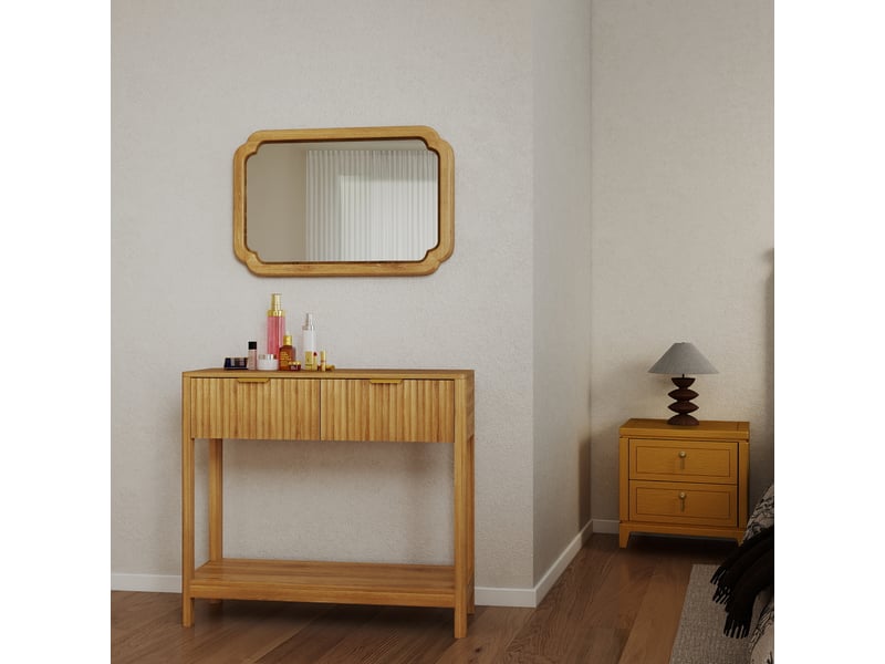 Table d'appoint - console cannelée de style mid-century modern avec 2 tiroirs et une étagère ouverte, chêne, placage chêne - Conforama R