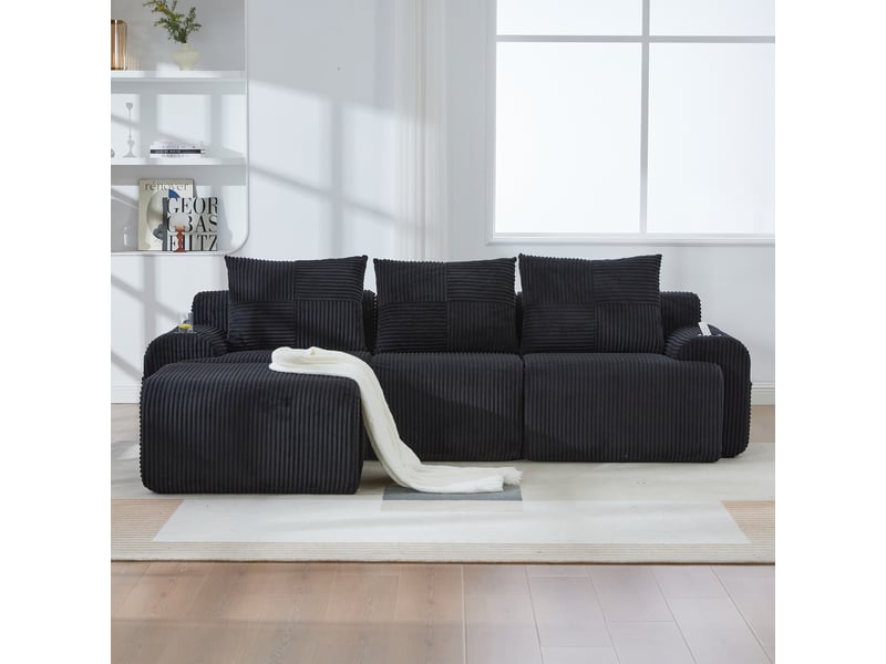  Canapé modulaire 3 places en velours côtelé avec repose-pieds 268 x 174 x 80 cm porte-gobelet  - Conforama D