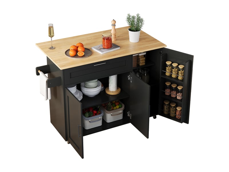 Îlot de cuisine sur roulettes avec plateau rabattable extensible, meuble de rangement design noir et naturel, l132.5xp70xh90cm - Conforama R