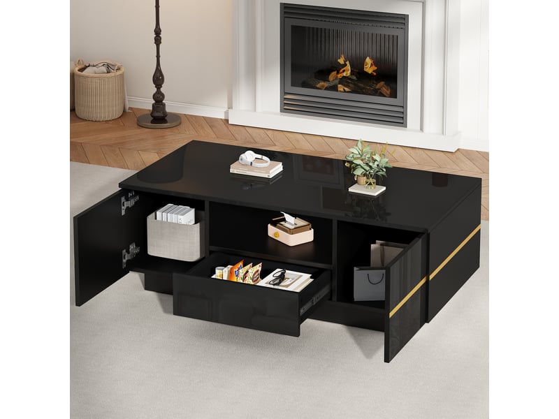  Table basse avec 2 portes, tiroir et niche pour salon en mdf 100×50×35,5 cm noir et doré  - Conforama C