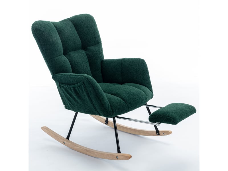  Fauteuil à bascule avec repose-pieds pliable -  dossier haut rembourré, structure bois et métal, teddy vert  - Conforama A