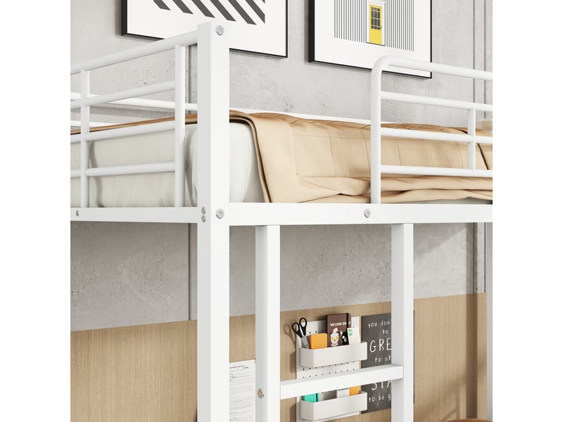  Lit superposé 90x200cm en métal blanc, avec échelle latérale et garde-corps, rangement à chaussures et placard  - Conforama D