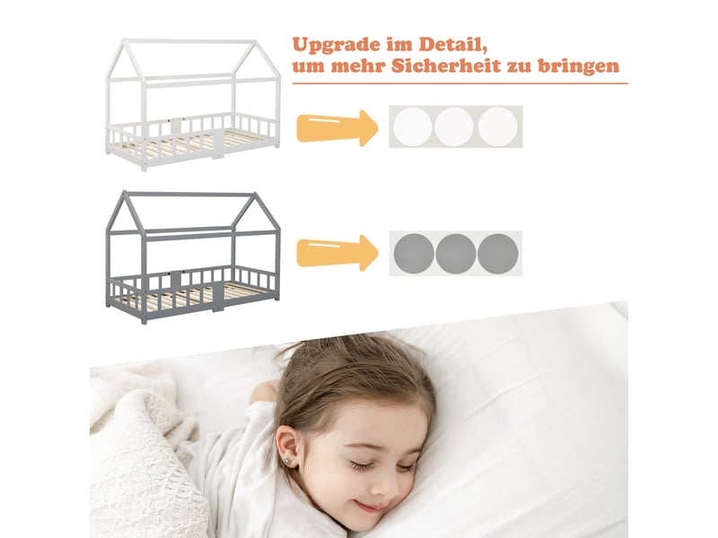  Lit cabane 90 x 200 cm, lit enfant avec barrières, structure en forme de maison, barrières de sécurité, sommier à lattes inclus, bois massif, gris Morn Vibe - Conforama E