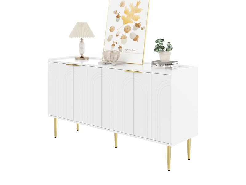 Buffet blanc moderne enfilade 140 cm avec 4 portes et pieds en métal doré, meuble de rangement pour salon - Conforama A