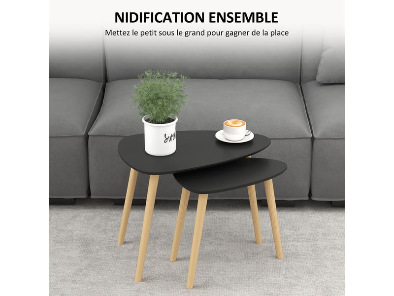  Lot de 2 tables basses gigognes design pieds scandinave en bois et plateau en bois, noir  - Conforama D