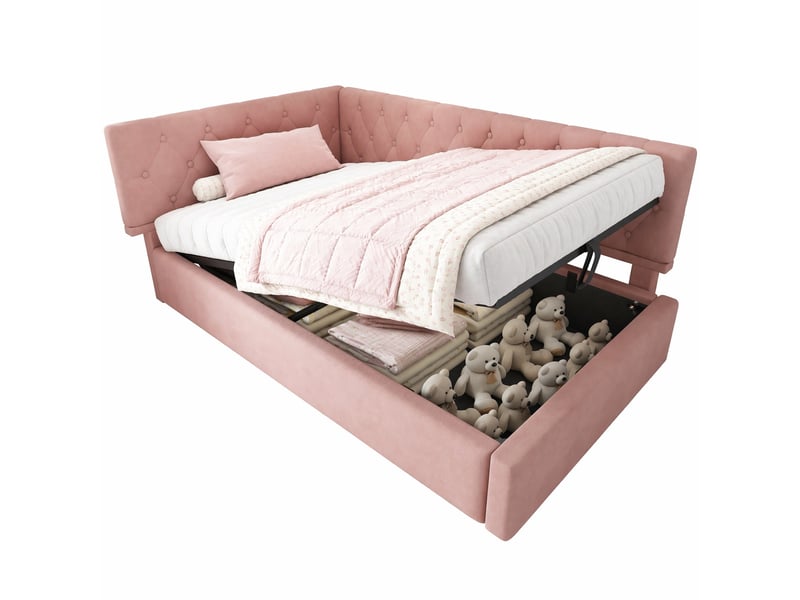  Modenvie lit banquette coffre 90x200 cm - rangement hydraulique, sommier à lattes inclus, sans matelas - rose  - Conforama A