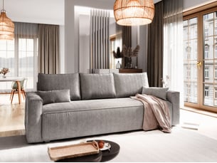 Canapé droit convertible <strong>MASSENO</strong> <strong></strong> 3 places Velours côtelé gris avec coffre de rangement