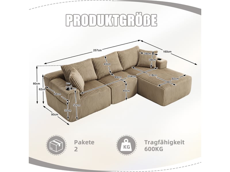  Canapé d’angle réversible 3 places en velours côtelé kaki, 257 cm, sans montage W2845S00160 - Conforama C