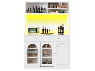 Buffet de cuisine blanc, vaisselier avec portes en verre et led, 120x40x180cm (sans matelas)