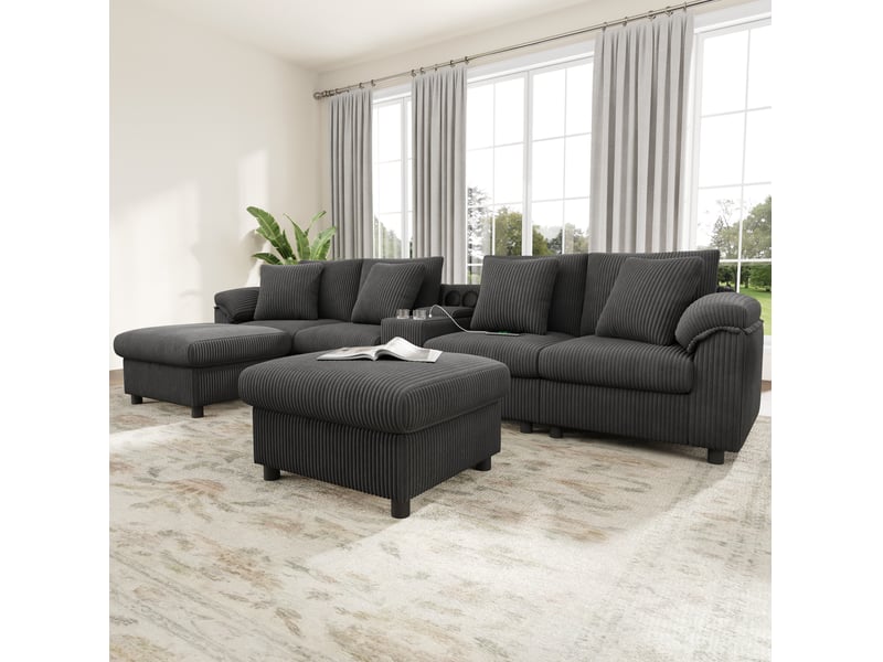  Canapé droit 315,5x144x84,5cm 4 places, console multimédia bluetooth, 2 poufs inclus, revêtement velours côtelé, gris  - Conforama D