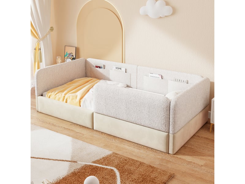  Lit enfant rembourré 90x200 avec barrières poches velours pu blanc OPULERANE TRADING LTD - Conforama B