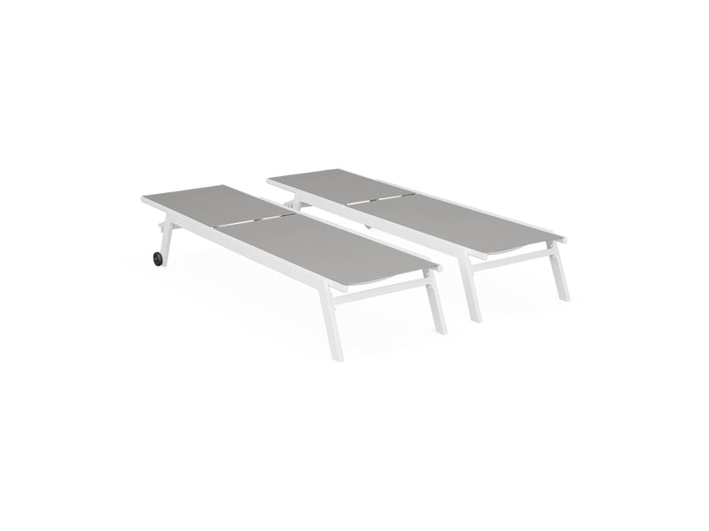 Lot de 2 bains de soleil elsa en aluminium blanc et textilène taupe. Transats multi positions avec roulettes - Conforama C