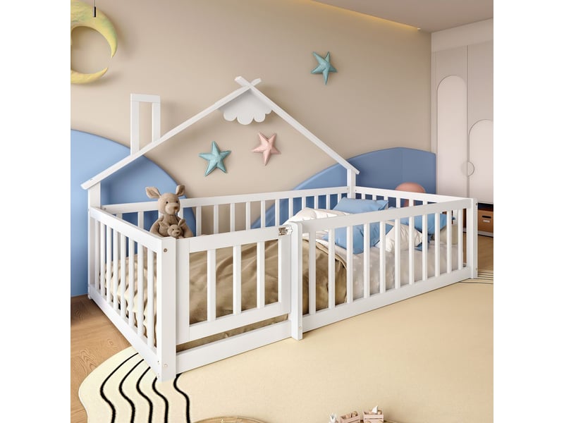  Lit cabane enfant 90x190, garde-corps haut sécurité renforcée lit enfant, structure bois massif, univers ludique  - Conforama B