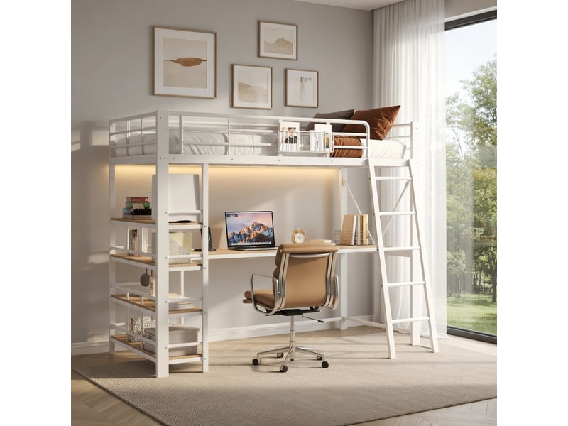  Lit mezzanine pour enfant 140 x 200 cm, avec bureau, rangements, prise usb et éclairage led, blanc  - Conforama B