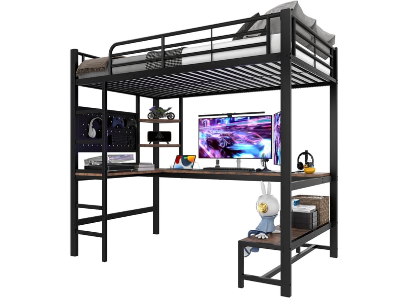  Lit mezzanine 90x200 cm avec bureau, rangements et led en métal et mdf noir  - Conforama A