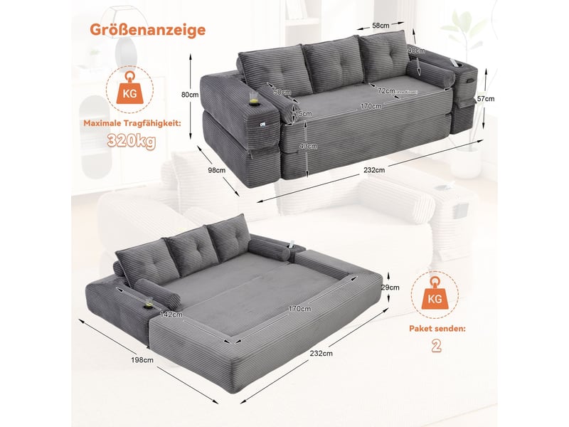 Canapé mousse haute densité à ressorts ensachés forme stable confortable poche de rangement porte-gobelet - Conforama C