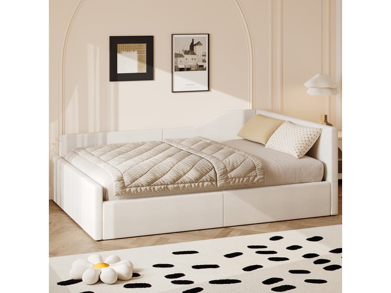  Lit de jour rembourré 140x200 cm, coffre de rangement sous couchage, revêtement lin beige, style épuré  - Conforama E