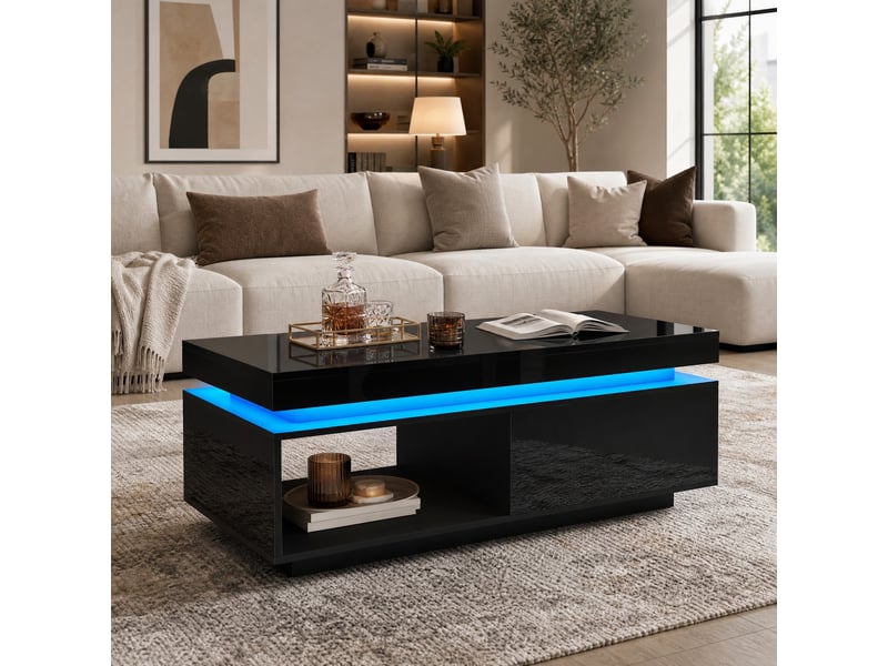 Table basse noire brillante avec éclairage led, tiroir et plateau 100 x 50 x 40,3 cm  - Conforama D