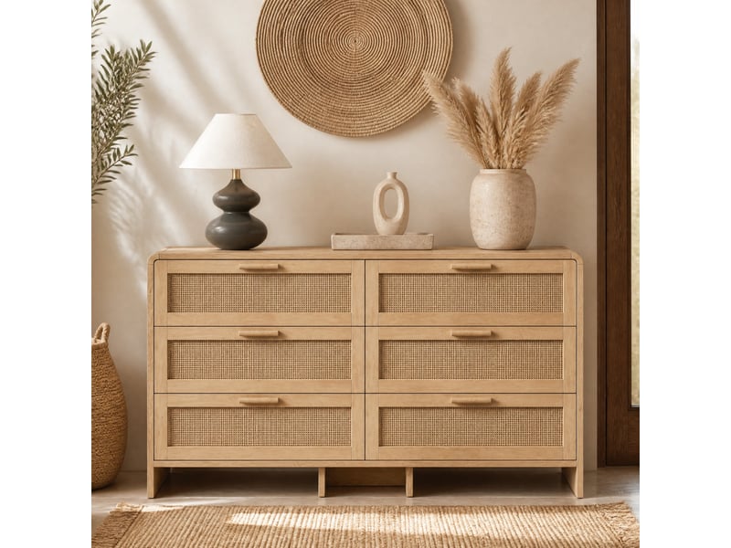 Commode avec 6 tiroirs en rotin, angles arrondis, pour salon, chambre ou cuisine, en panneaux de particules - Conforama B