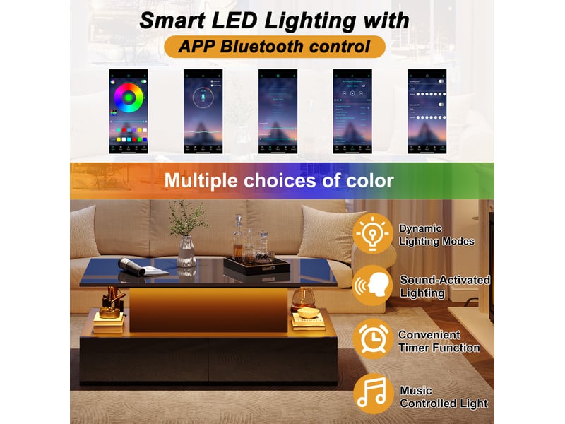  Table basse led avec 4 tiroirs, rangement caché et plateau relevable pour salon, 90 × 55 × 41 cm  - Conforama E