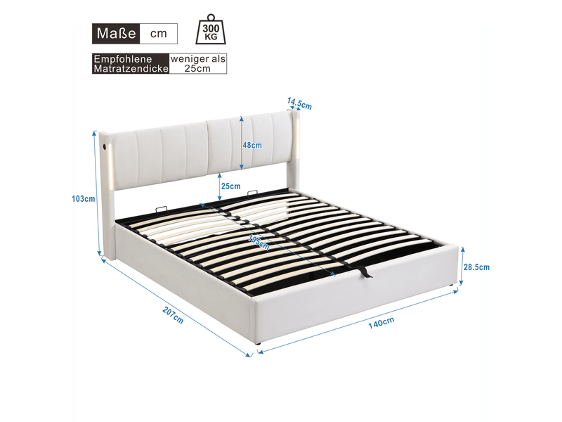  Lit coffre led 140x200 cm avec usb, tête de lit réglable, pu blanc sans matelas  - Conforama C