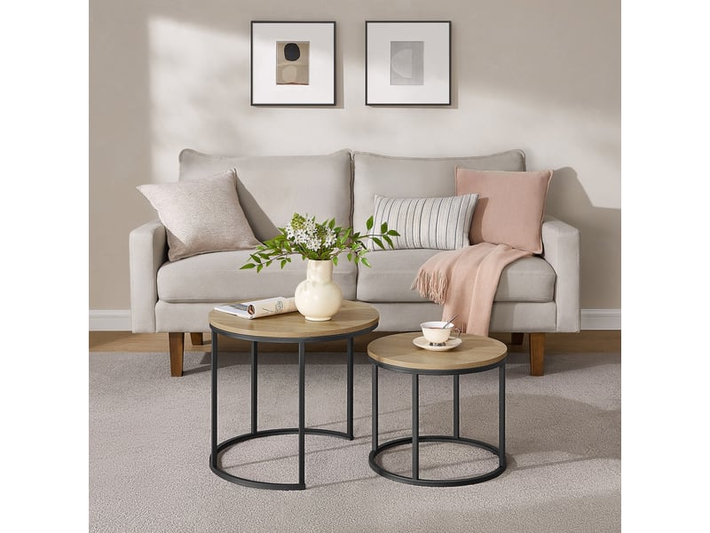  Lot de 2 tables basses rondes style industriel chêne et noir  - Conforama B