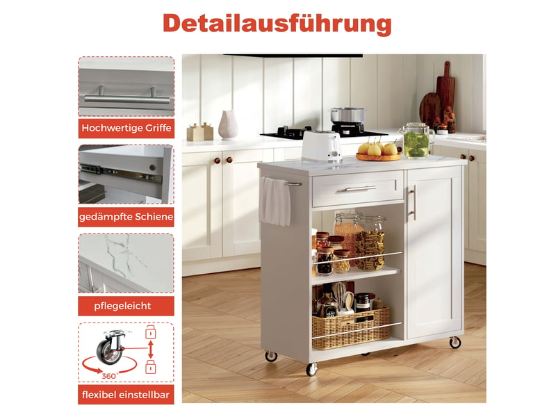 Desserte de cuisine,90x62x90 cm,avec rangement,mdf,blanc effet marbre - Conforama D